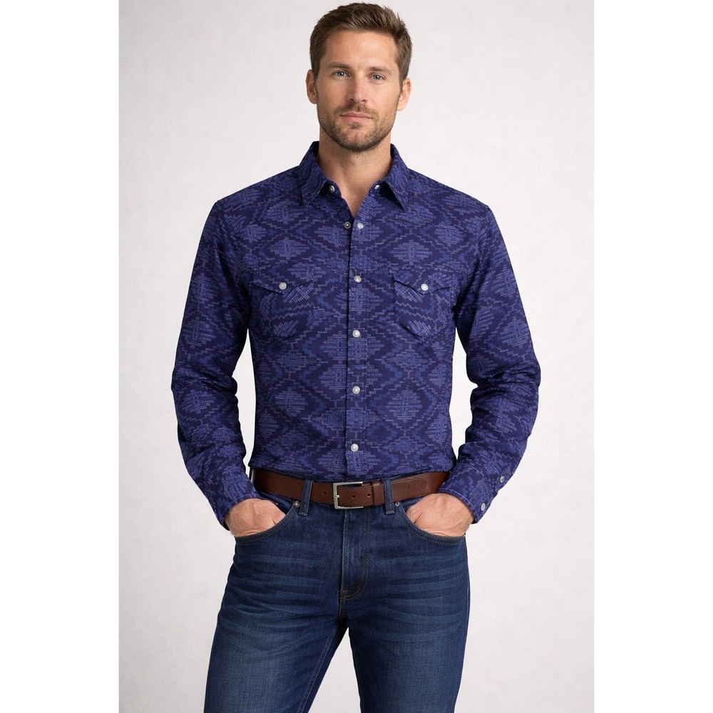 PANHANDLE Mens Shirt Size  M Blue Aztec Print‎ Long Sleeve Pearl Snap Western